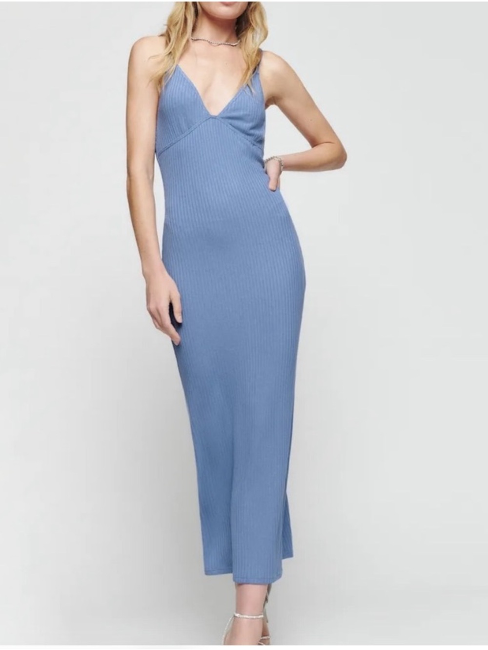 Reformation Brant Ribbed Slip Midi Dress in Color Viola Blue
